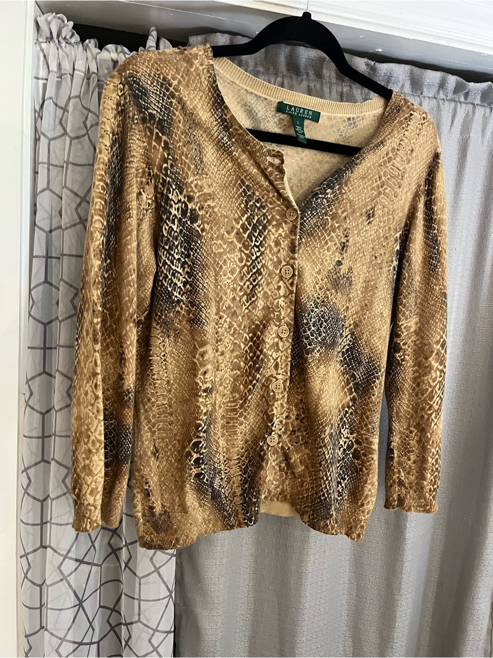 Ralph Lauren Beige Snake-Print Button Cardigan L Cotton